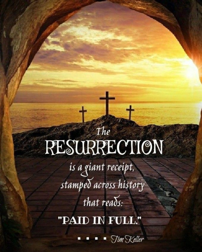 An open tomb with the words 'Paid in Full' stamped across it, symbolizing Christ's resurrection and victory over sin, with three crosses visible on a hill in the background.